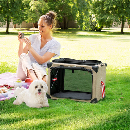 PawHut One-step Folding Cat Carrier, Portable Pet Carrier Bag with Cushion, Pet Travel Carrier with Adjustable Strap, Cat House for S & XS Dogs & Cats Khaki