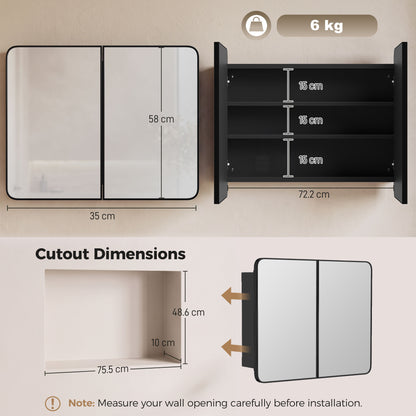 HOMCOM 76.2 x 11.6 x 61 cm Bathroom Mirror Cabinet, Wall Cabinet with Adjustable Shelves, Wall-Mounted or Recessed, Black