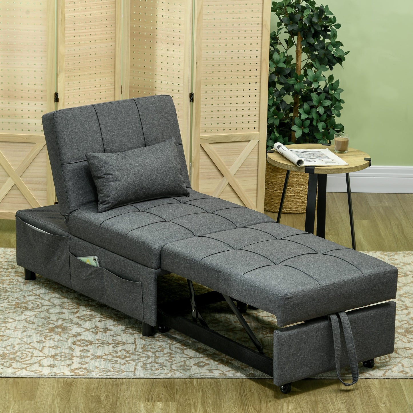 HOMCOM Fotel rozkładany z siedziskiem z wypełnieniem, 4-w-1 wielofunkcyjna sofa rozkładana z funkcją spania, fotel z regulowanym oparciem, boczna kieszeń, kółka i poduszka, do salonu, szary