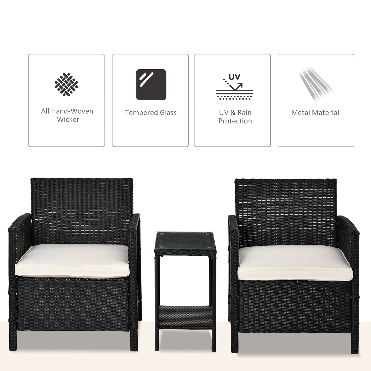 Outsunny Rattan Garden Furniture خارجي 3 قطع فناء بيسترو مجموعة جاك وجيل مقعد ويكر نسج حديقة شتوية كرسي أريكة مجموعة طاولة مع وسادة سوداء