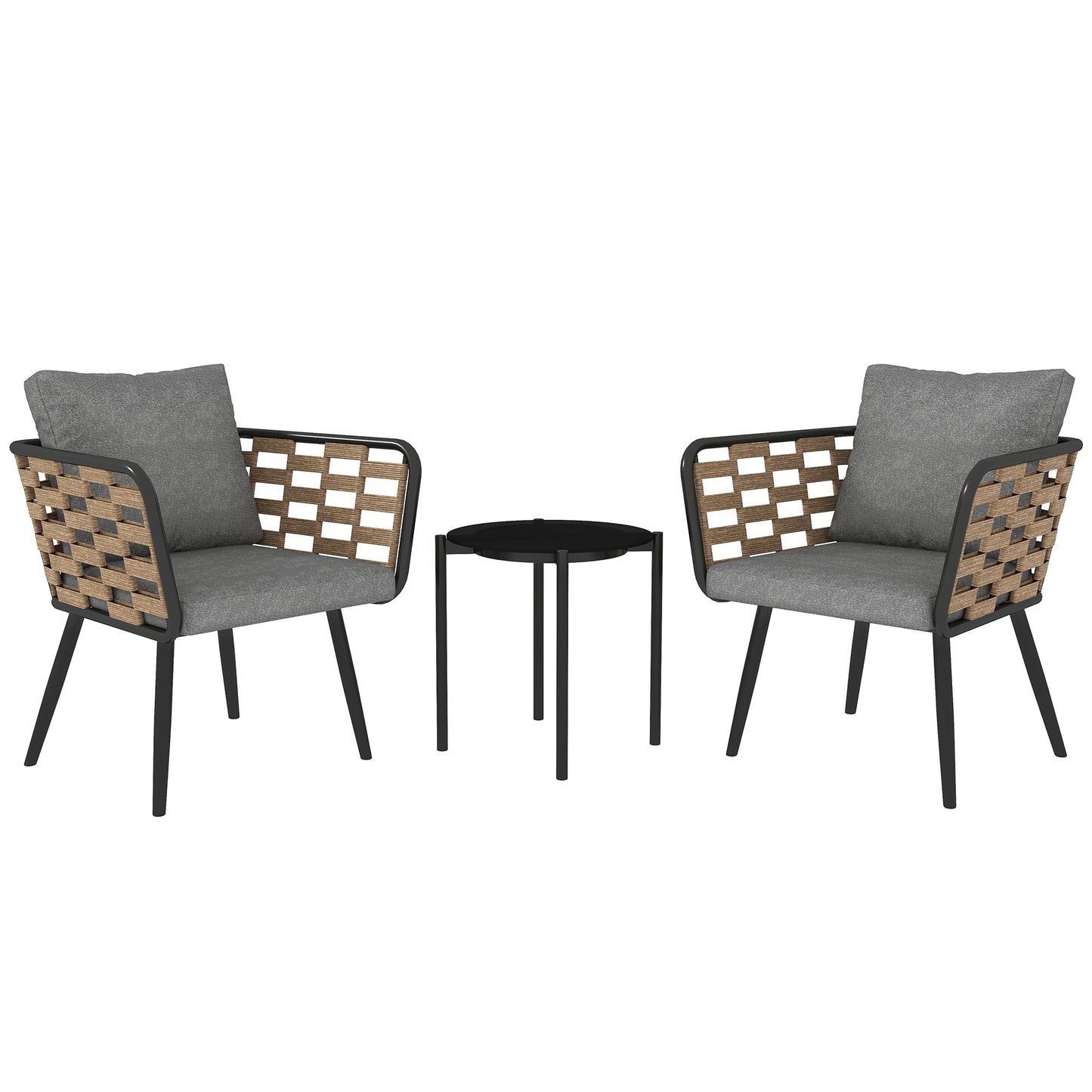 Outsunny 3 Pieces Rattan Bistro Set with Washable Seat and Back Cushions, Glass Top Coffee Table, for Outdoor, Patio, Black