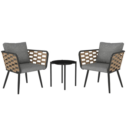 Outsunny 3 Pieces Rattan Bistro Set with Washable Seat and Back Cushions, Glass Top Coffee Table, for Outdoor, Patio, Black