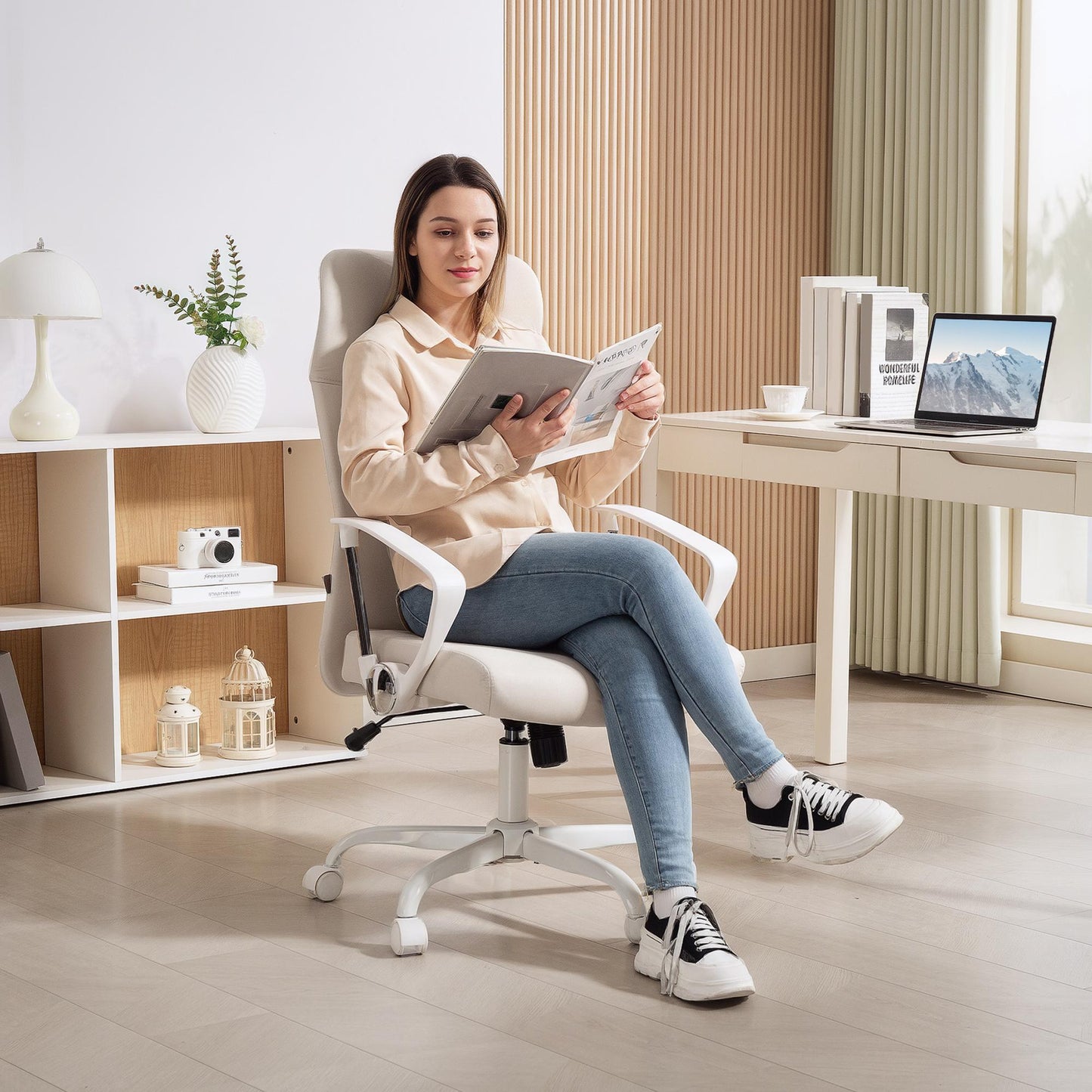 HOMCOM Fabric High Back Office Chair - Cream White