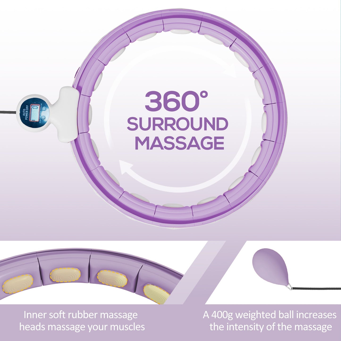 SPORTNOW Smart Weighted Hula Hoop, Massage Hula Ring w/ 16 Detachable Knots, 360 Auto-Rotating Ball, Digital Counter, Purple