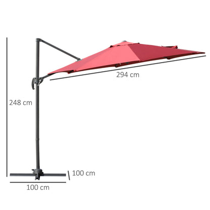 Outsunny Cantilever Roma Parasol Garden Sun Umbrella 360° Rotation w/ Cross Base-Wine Red