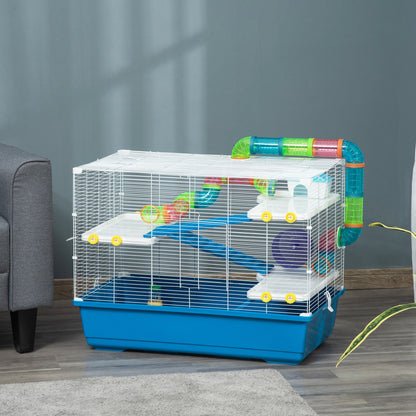 PawHut Large Hamster Cage with Tubes, Multilevel Rodent House with Exercise Wheel, Gerbil Cage with Water Bottle, Food Dish, Ramps 79 cm x 46 cm x 60 cm- Blue