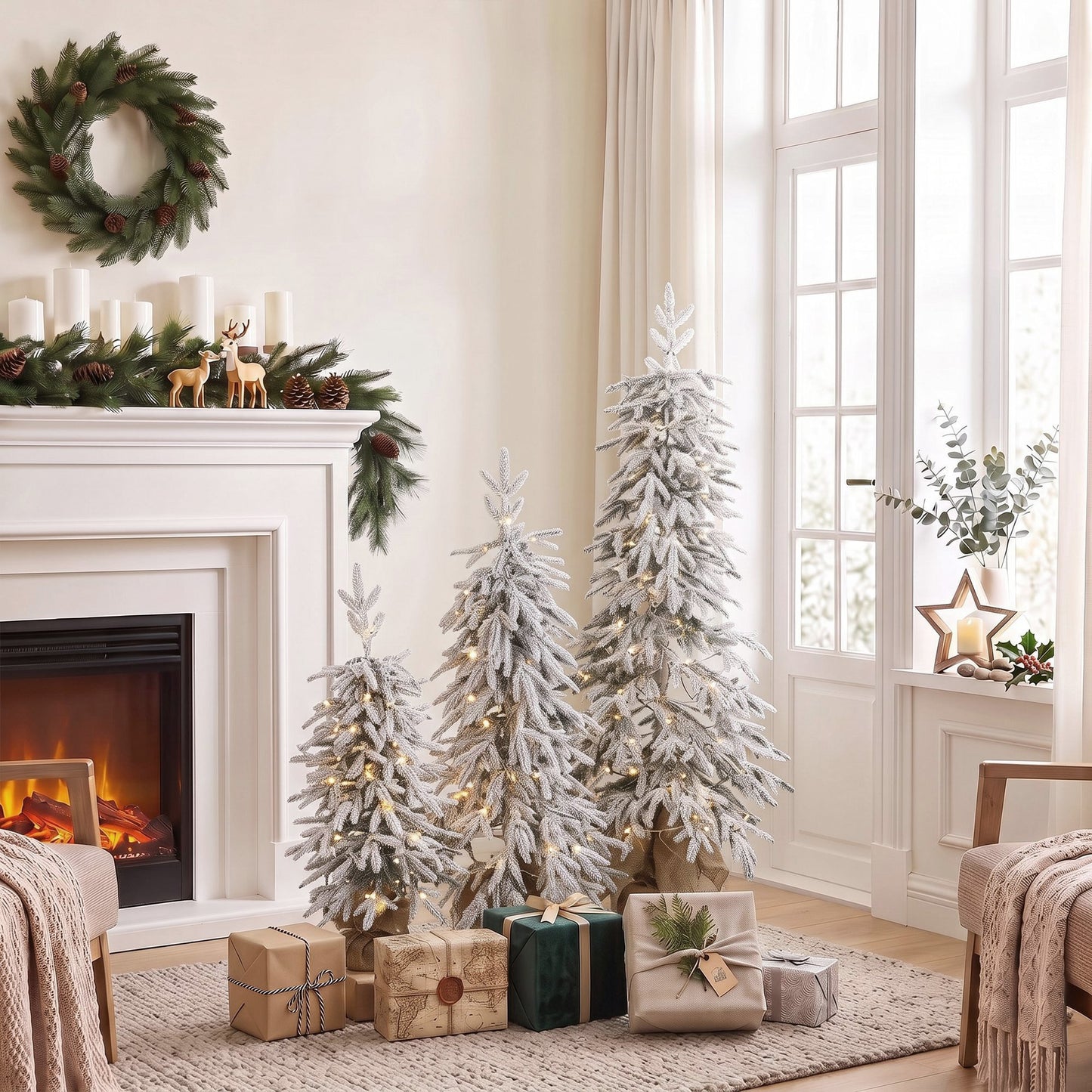 HOMCOM Prelit Flocked Artificial Christmas Tree Set of 3 Snowy Xmas Tree Warm White LED Lights (3FT+4FT+5FT)