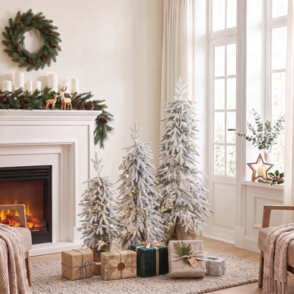 HOMCOM Prelit Flocked Artificial Christmas Tree Set of 3 Snowy Xmas Tree Warm White LED Lights (3FT+4FT+5FT)