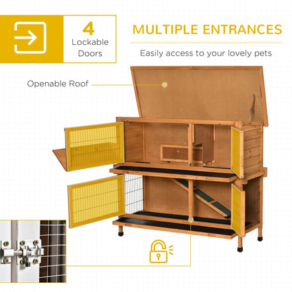 PawHut 2-Tier Double Decker Rabbit Hutch Wooden Guinea Pig House Pet Cage Outdoor with Sliding-out Tray, Asphalt Roof, Ramp, 120x50x104cm, Orange