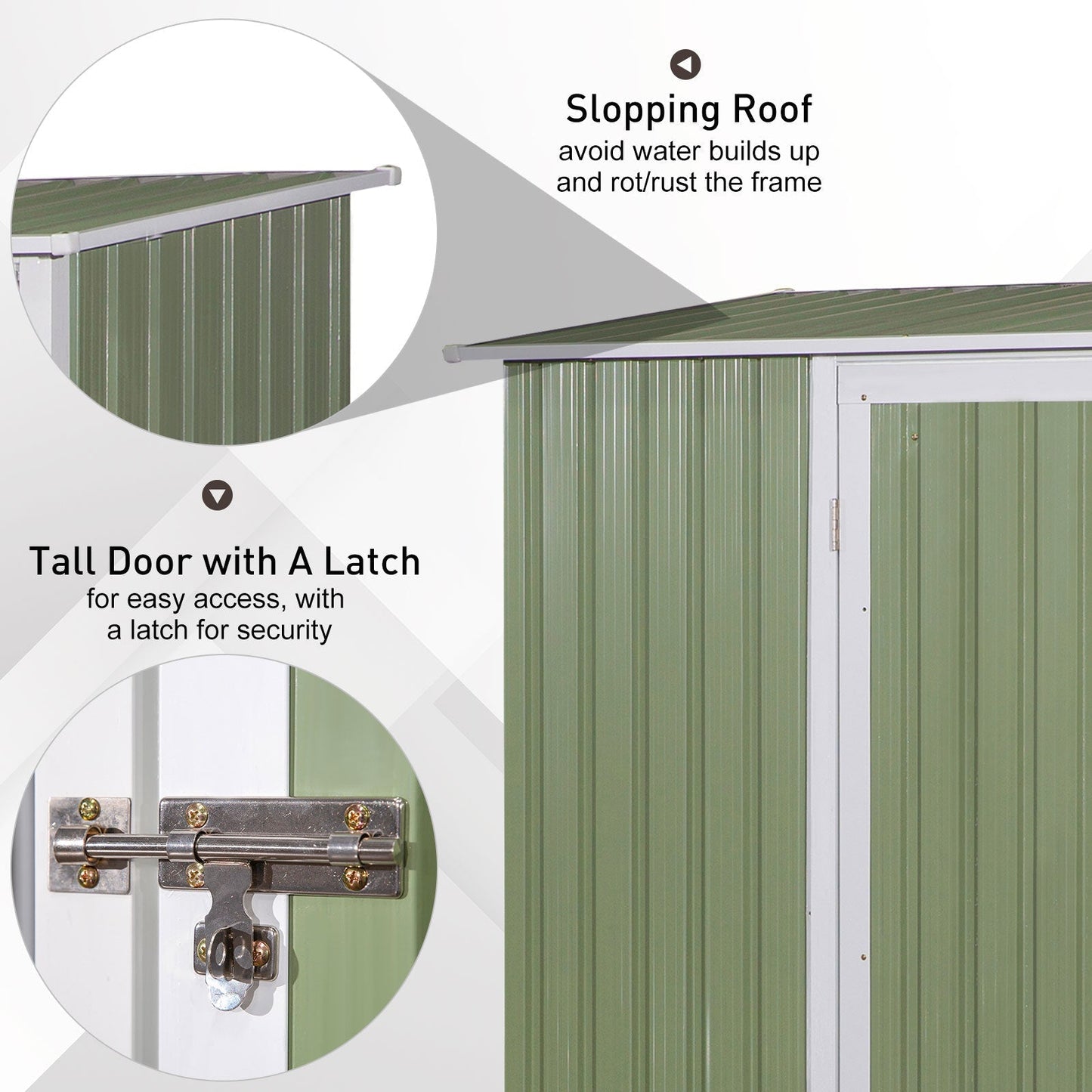 Outsunny Corrugated Garden Metal Storage Shed Outdoor Equipment Tool Sloped Roof Door w/ Latch Weather-Resistant Paint, Light Green, 143x89x186cm