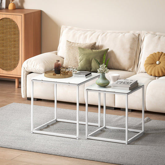 Zestaw stolików HOMCOM Nest of Tables, zestaw 2 stolików kawowych, stolików bocznych z blatem ze szkła hartowanego i metalową ramą do salonu, sypialni, biura, biały