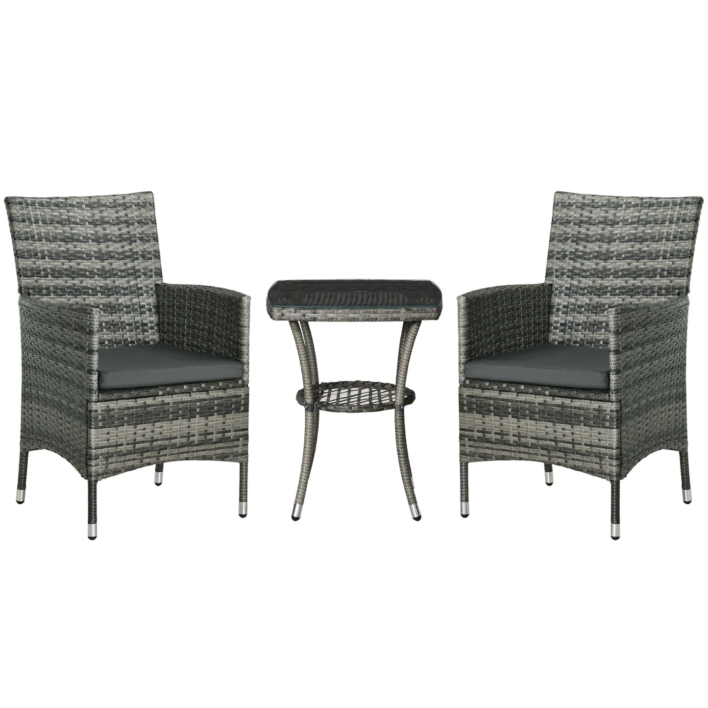 Outsunny 3 Pieces Rattan Bistro Set, Wicker Garden Furniture Set with 2-Tier Coffee Table and Chairs, Washable Cushions, for Outdoor Patio Balcony, Mixed Grey