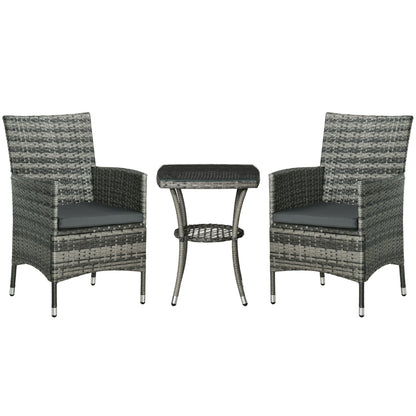 Outsunny 3 Pieces Rattan Bistro Set, Wicker Garden Furniture Set with 2-Tier Coffee Table and Chairs, Washable Cushions, for Outdoor Patio Balcony, Mixed Grey