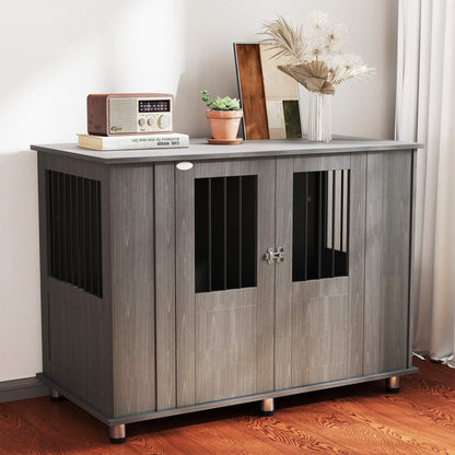PawHut Dog Crate Table dla średnich i dużych psów z magnetycznymi drzwiczkami do użytku wewnątrz pomieszczeń, 114 x 60 x 82 cm, szary