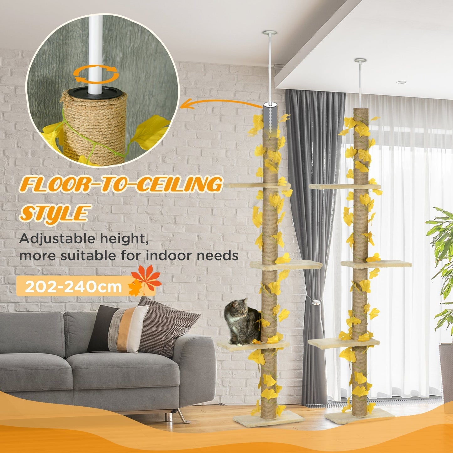 PawHut 242cm Adjustable Floor-To-Ceiling Cat Tree, with Artificial Decoration, Perches, Anti-Slip Kit - Yellow