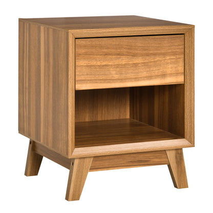 HOMCOM Modern Bedside Table Nightstand, Living Room End Table, Side Table with Drawer and Shelf, Walnut Brown