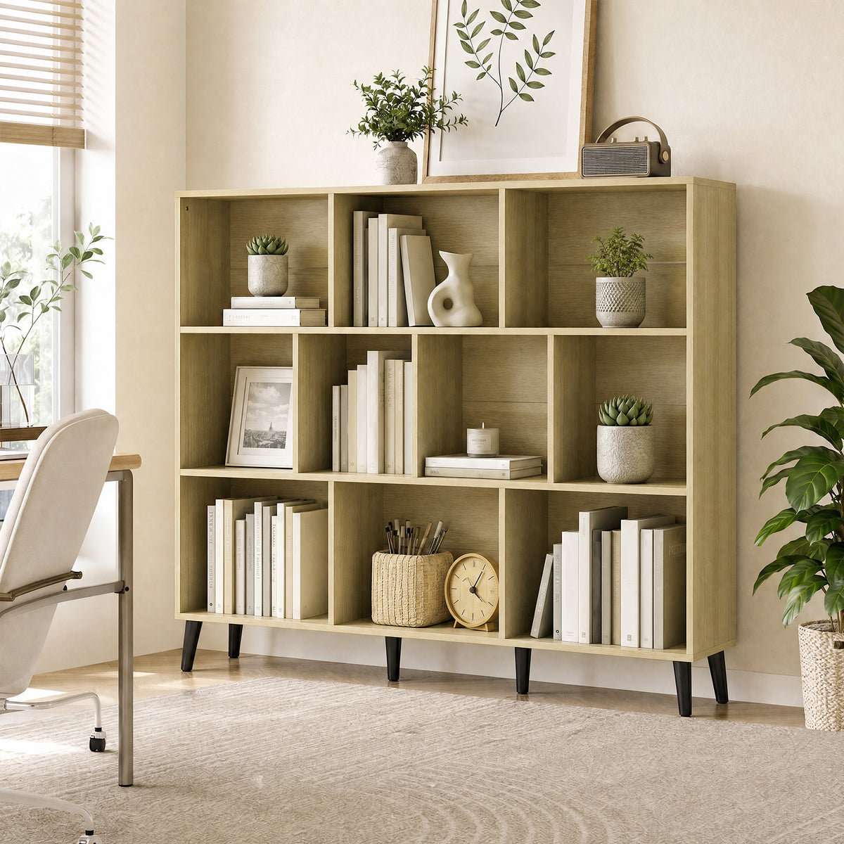 HOMCOM 10-Cube Bookcase, 3-Tier Book Shelf with Solid Wood Legs, 140 cm Modern Bookshelf with Anti-Tip Kit, Oak