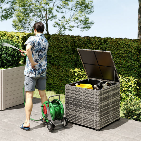 Outsunny 253L Garden Storage Box, Rattan Deck Box with Zipped Liner, Safe Pneumatic Rod, Patio Storage Container, Mixed Grey