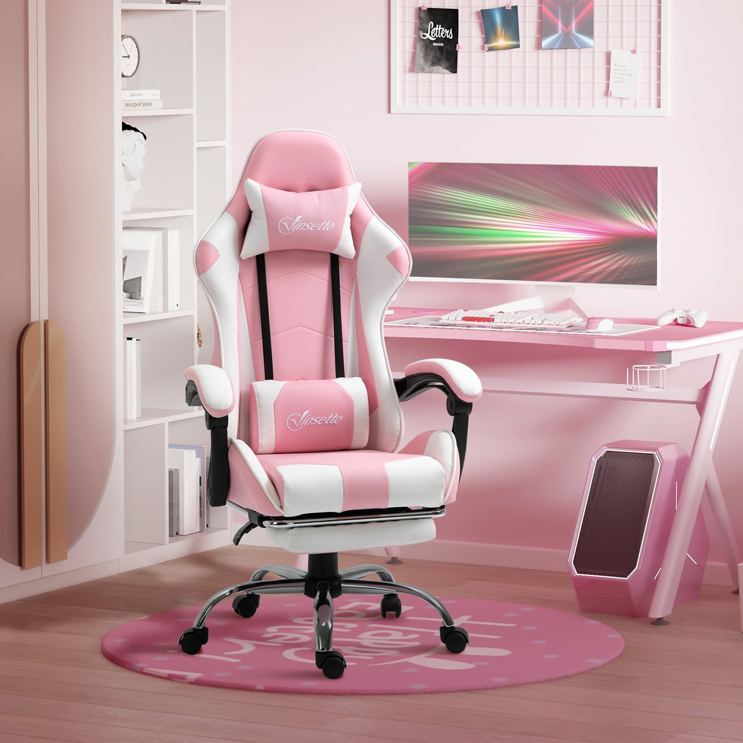 Vinsetto Pink Computer Gaming Chair, Desk Chair with 135¡ Reclining Back and Retractable Footrest, Adjustable PU Leather Lumbar Support and Headrest, Steel Base for Adults, Girls