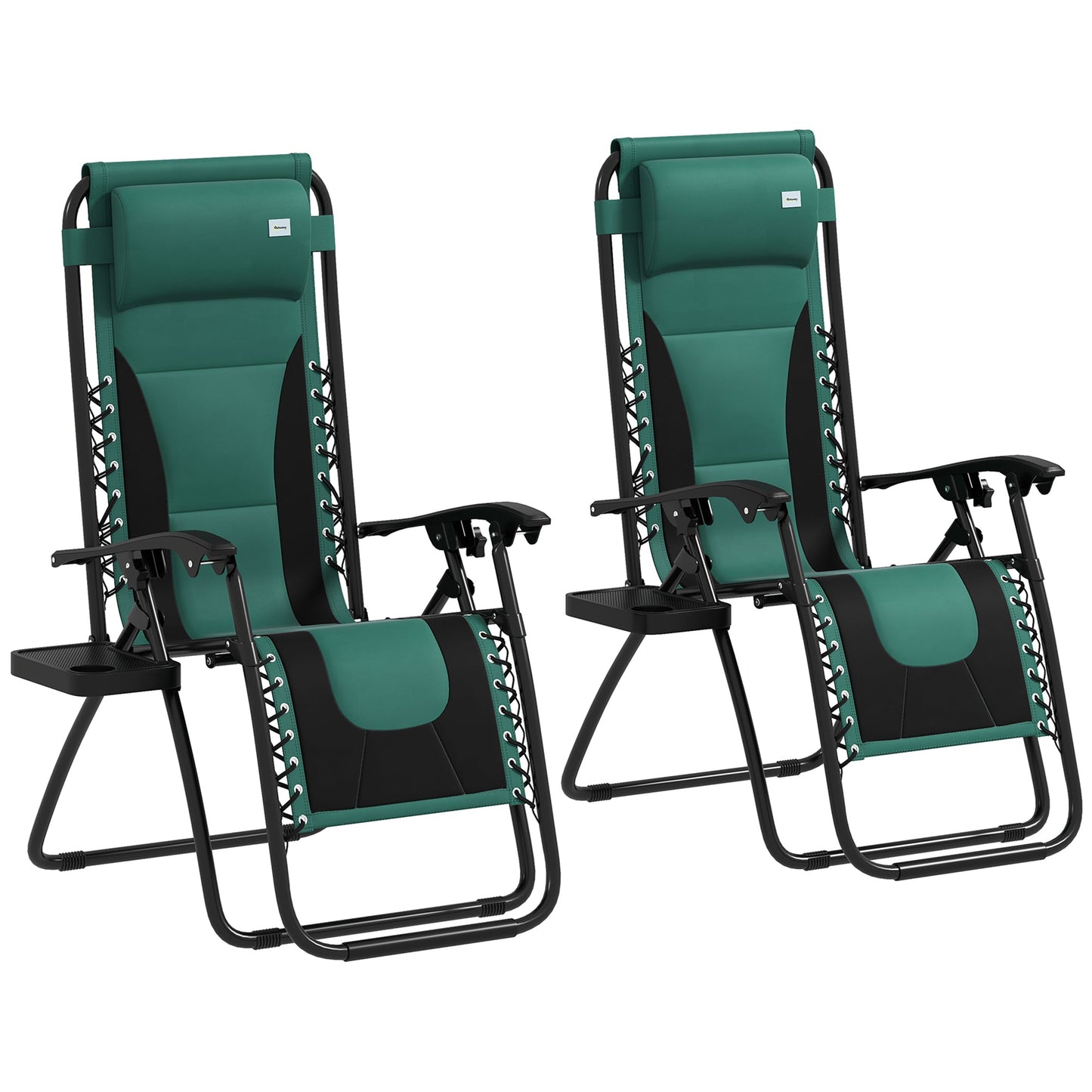 Outsunny Zero Gravity Lounger Chair Set of 2, Folding Reclining Patio Chair with Padded Seat, Cup Holder, Soft Cushion and Headrest for Poolside, Camping, Green