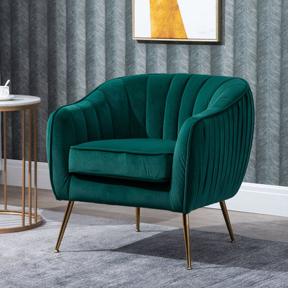 Retro Style Velvet-Feel Tub Armchair, with Gold Tone Legs - Green