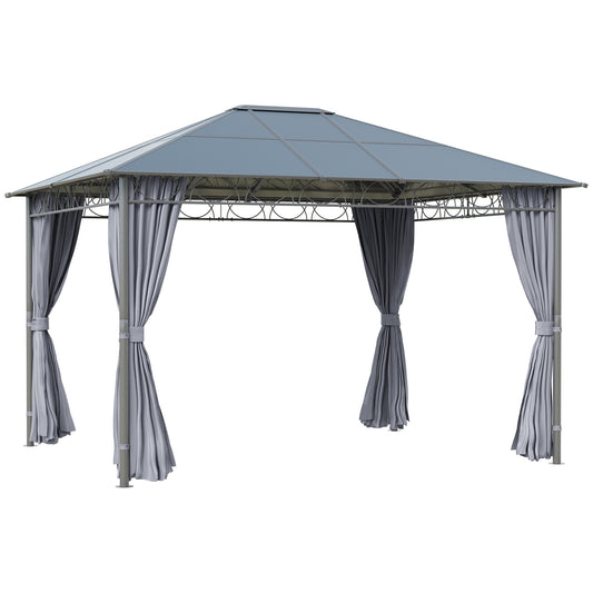 Outsunny 3 x 3,6 m Hardtop Gazebo Canopy z dachem z poliwęglanu, stały pawilon ogrodowy z zasłonami na patio, pokład, szary