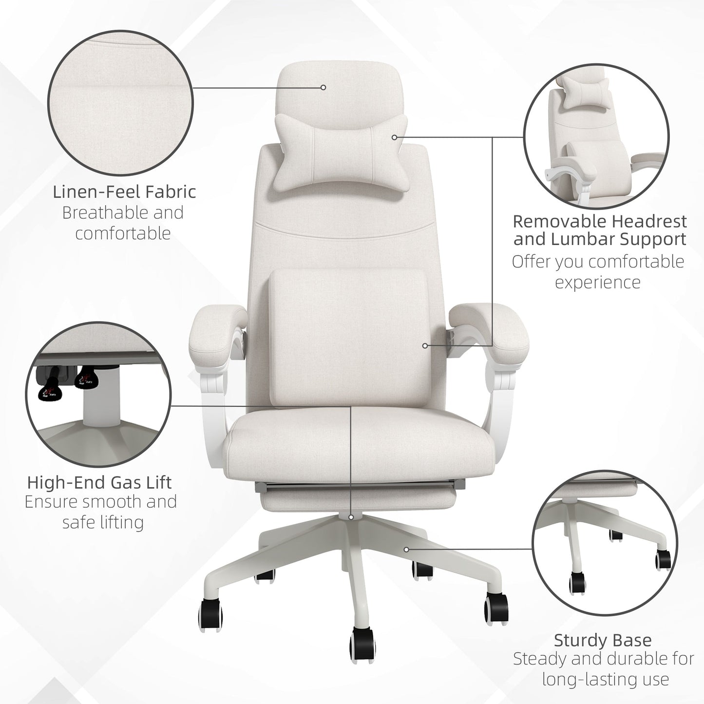 Vinsetto Linen-Look Office Chair, with 160  Reclining Back and Footrest - White