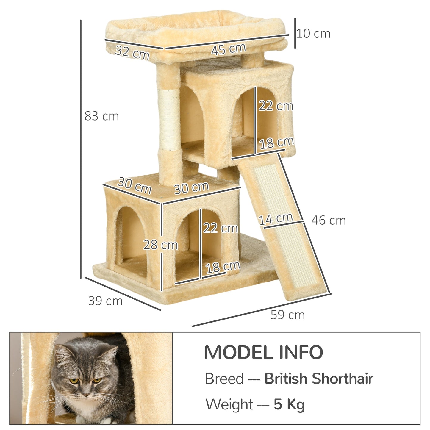 PawHut Sisal Cat Rest & Play Activity Tree w/ 2 House Cream White