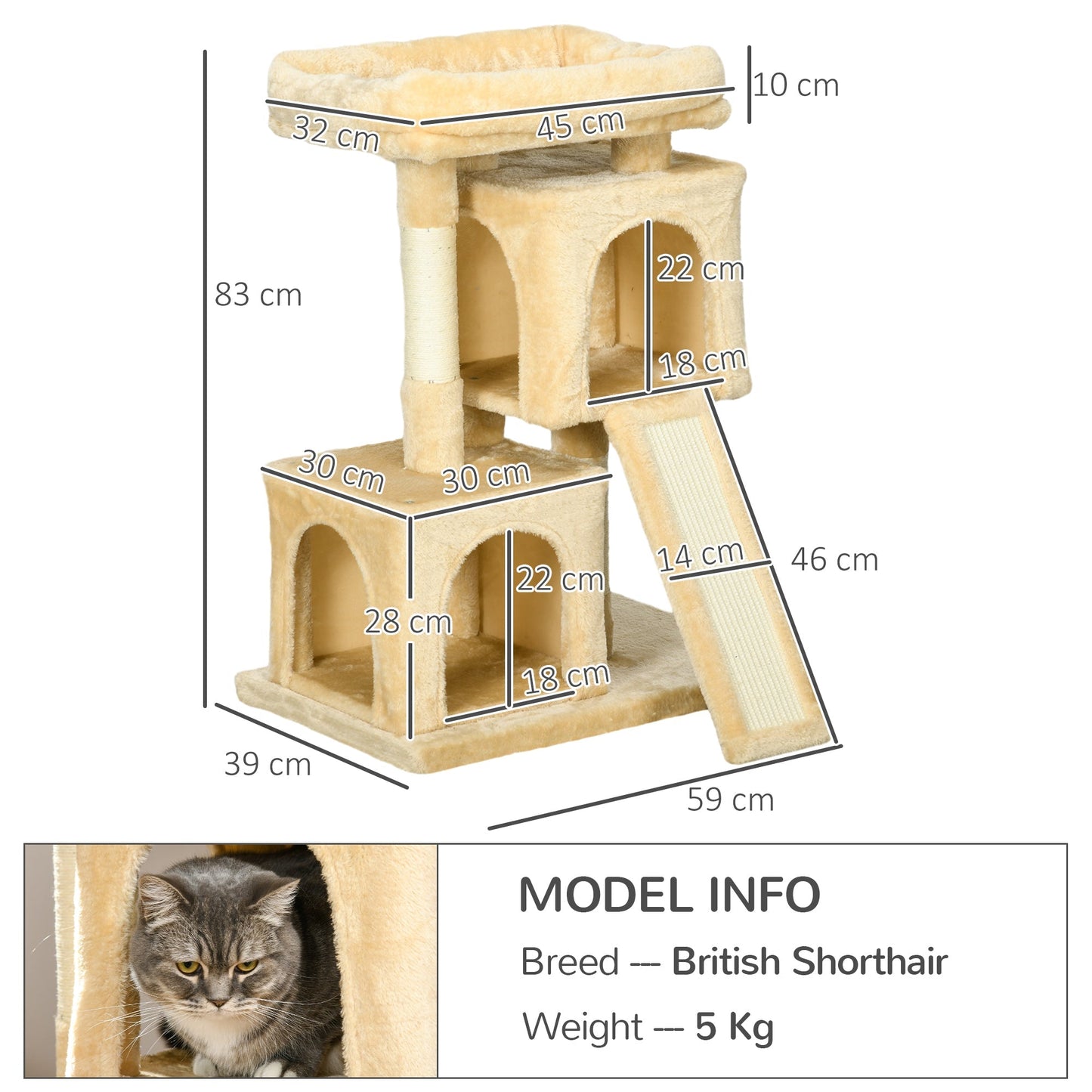 PawHut Sisal Cat Rest & Play Activity Tree w/ 2 House Cream White