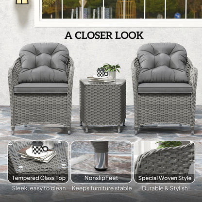 Outsunny 3 Pieces Rattan Bistro Set, Wicker Garden Bistro Set, Glass Top Balcony Table and Chairs with Cushions for Outdoor, Patio, Balcony, Light Grey