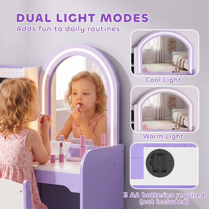 AIYAPLAY Kids Vanity Set, Kids Dressing Table with Stool, 2-Colour Lights Mirror, Pretend Dresser Gift for Ages 3-8, Purple
