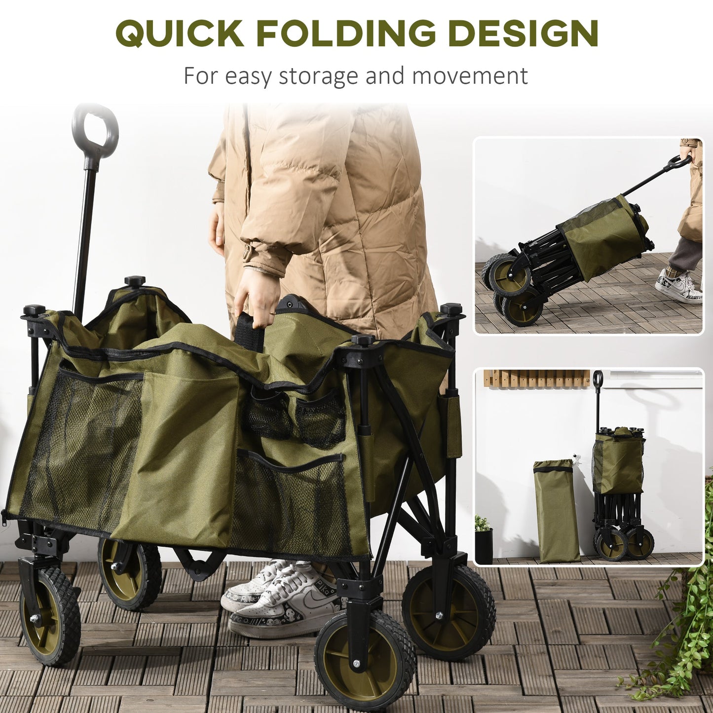 Outsunny Folding Garden Trolley, Cargo Trailer on Wheels, Collapsible Camping Trolley with Folding Board, Outdoor Utility Wagon with Steel Frame and Oxford Fabric, Green