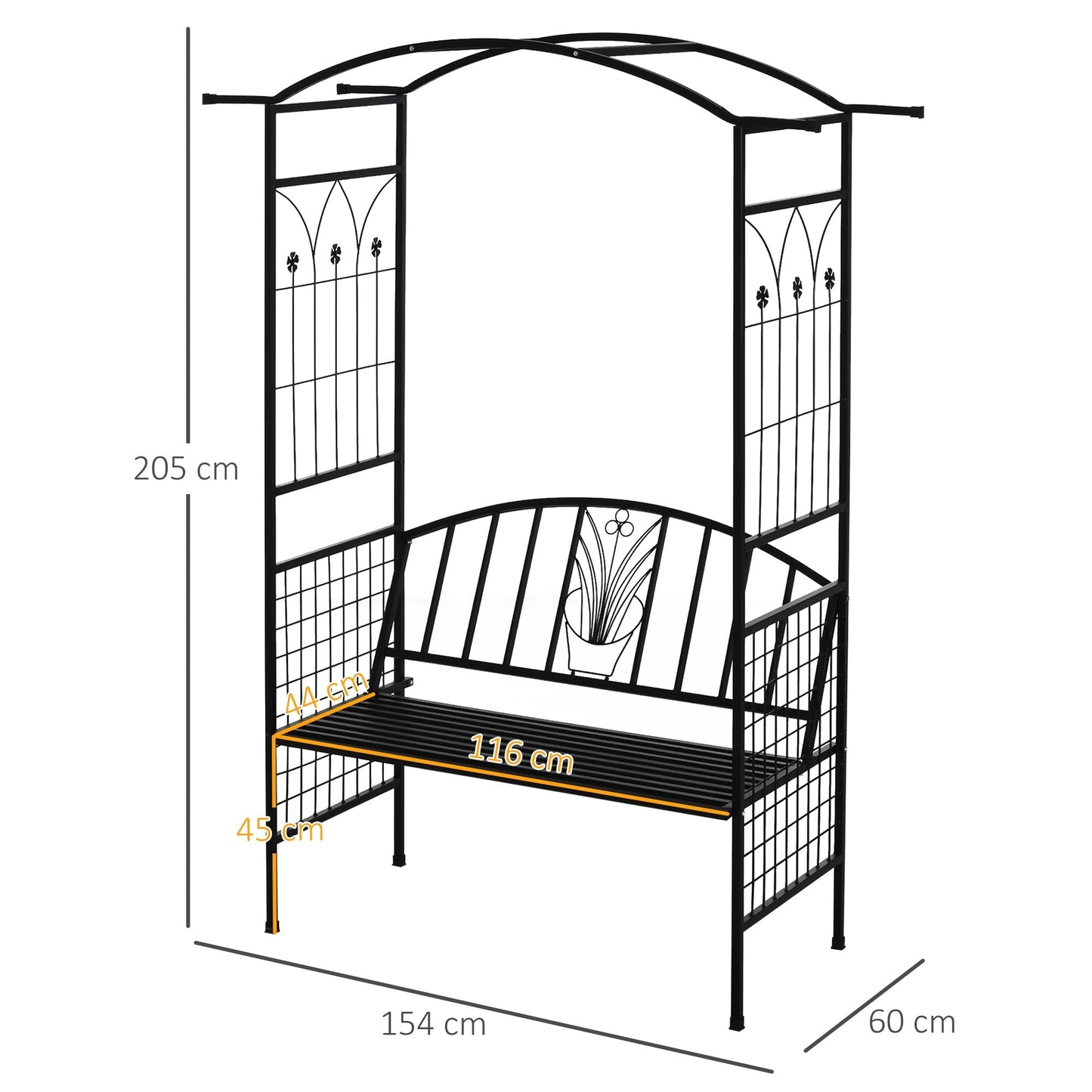 Outsunny Garden Metal Arch Arbour with Bench Love Seat Chair Outdoor Patio Rose Trellis Pergola Climbing Plant Archway Tubular - 154L x 60W x 205Hcm