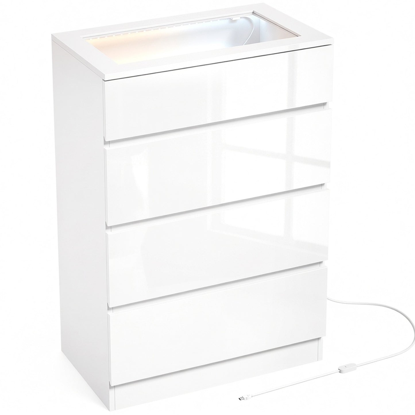 HOMCOM High Gloss 4 Drawer Chest of Drawers with Glass Top and RGB LED Lights, Dresser with Jewelry Organizer, APP Control
