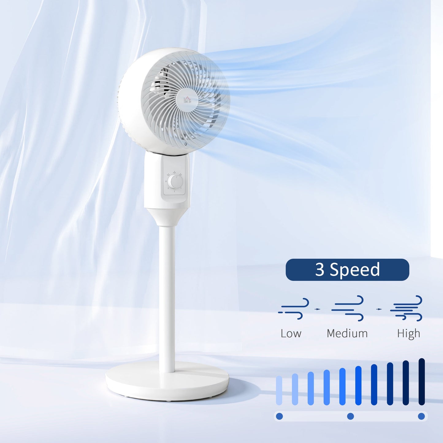HOMCOM 9" Pedestal Fan, 70 Oscillation 90 Vertical Tilt Oscillating Air Circulator with 3 Speeds, Standing Fan for Home Office, Bedroom, White