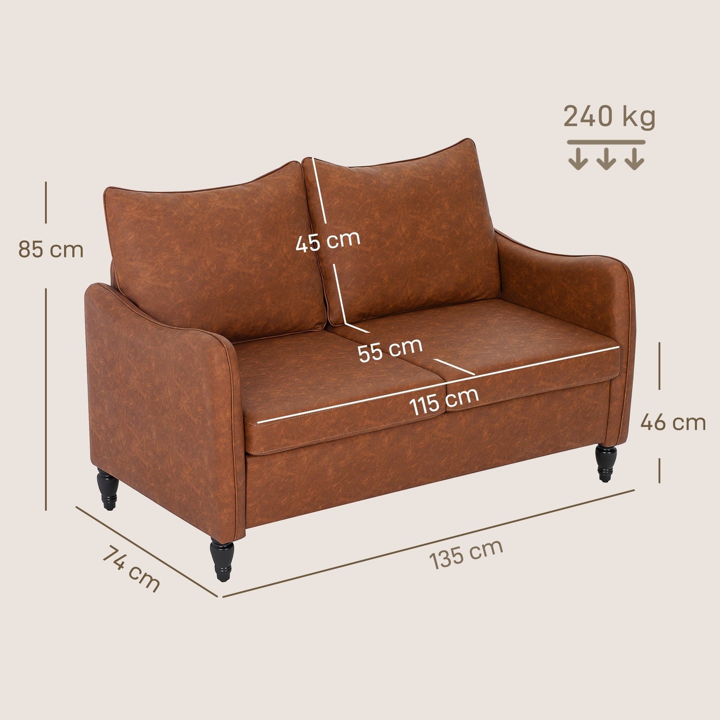 HOMCOM Faux Leather Marble-Effect Two-Seater Sofa - Brown