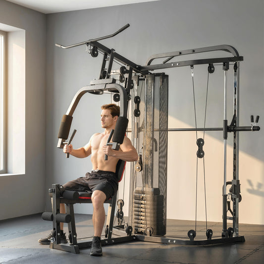 SPORTNOW Home Multi Gym Smith Machine with 65kg Weight Stack, Cable Pulley System, Chest Station, Preacher Pad & Leg Developer