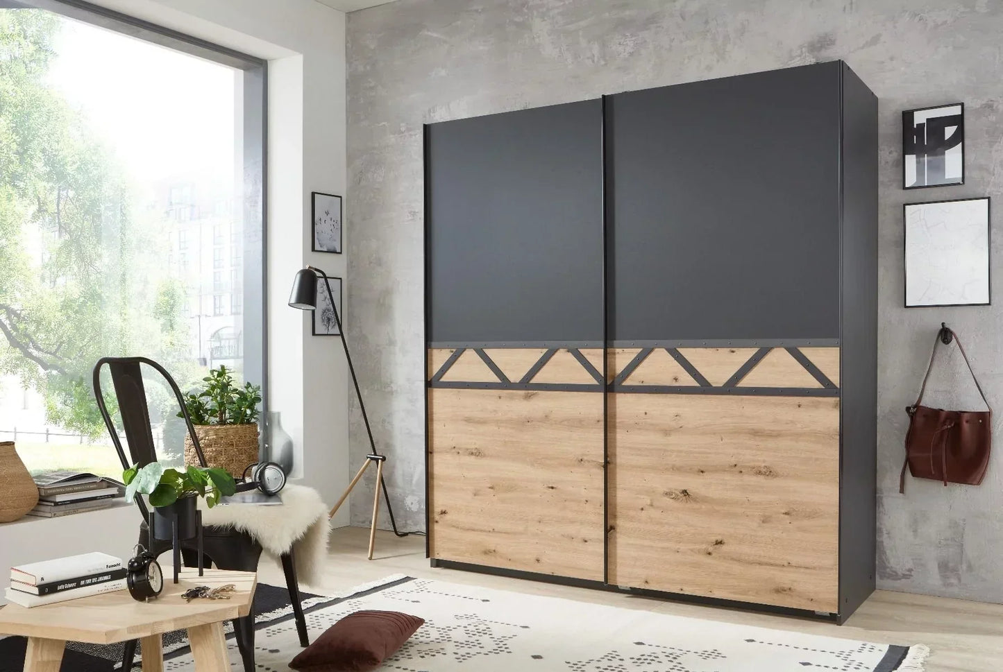 Sliding Wardrobe ANDORRA 2 Door Wardrobe Graphite and Oak 180cm