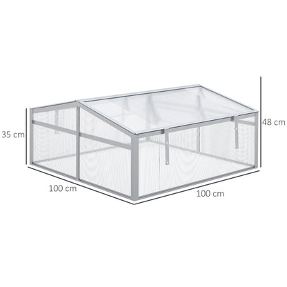 إطار خارجي من Outsunny Cold Frame، بيت زجاجي خارجي، بيت زراعة من البولي كربونات، نباتات خضروات وزهور، سرير مرتفع، واقي حديقة، إطار من الألومنيوم 100 × 100 × 48 سم