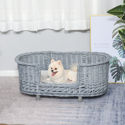 PawHut Wicker Dog Bed Basket Pet Sofa Cat Lounge Furniture with Elevated Base Soft Padded Cushion Grey 92cm X 52cm X 38cm Wiker w/