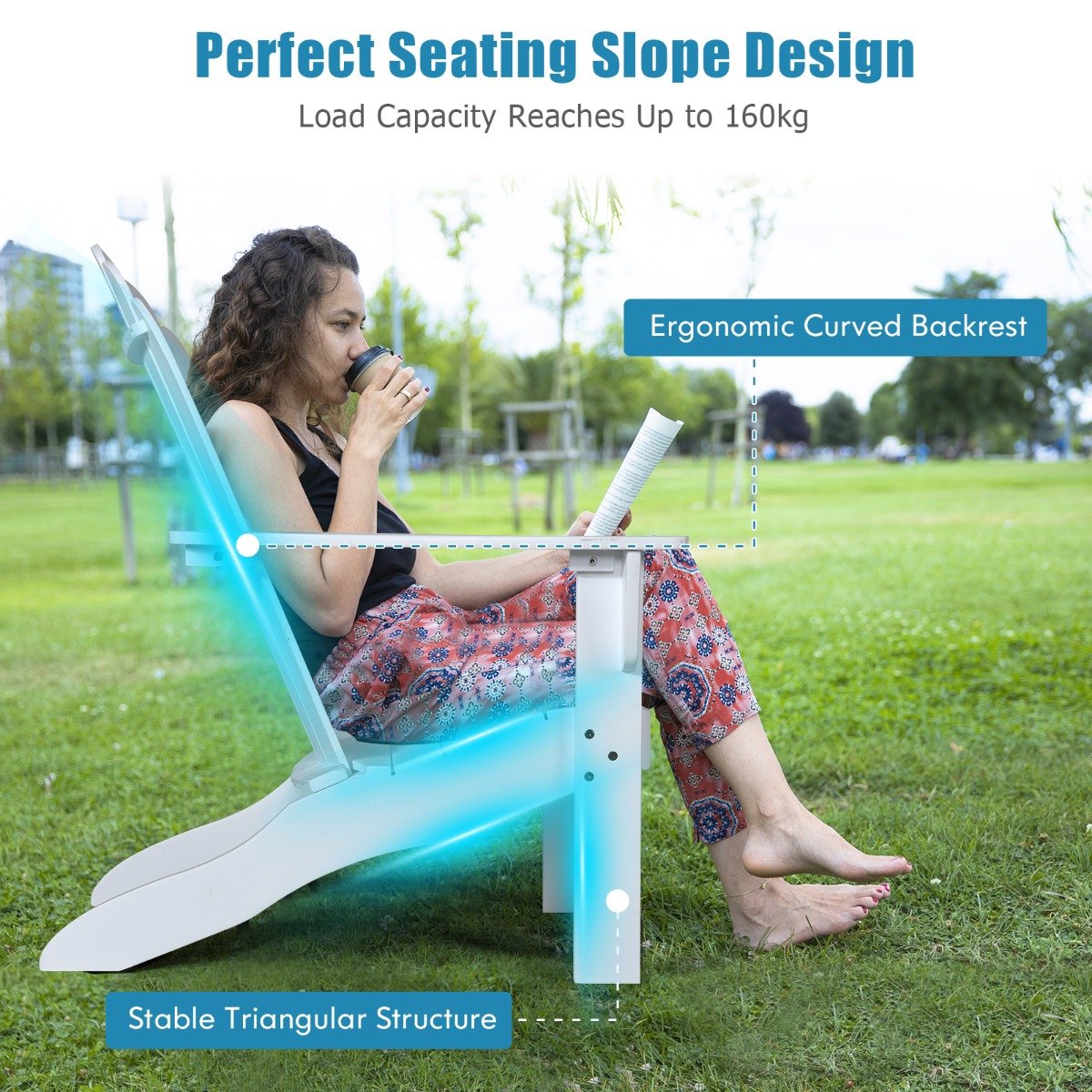 Acacia Wood Adirondack Lounger Chair with Slatted Seating, Ergonomic Design-White