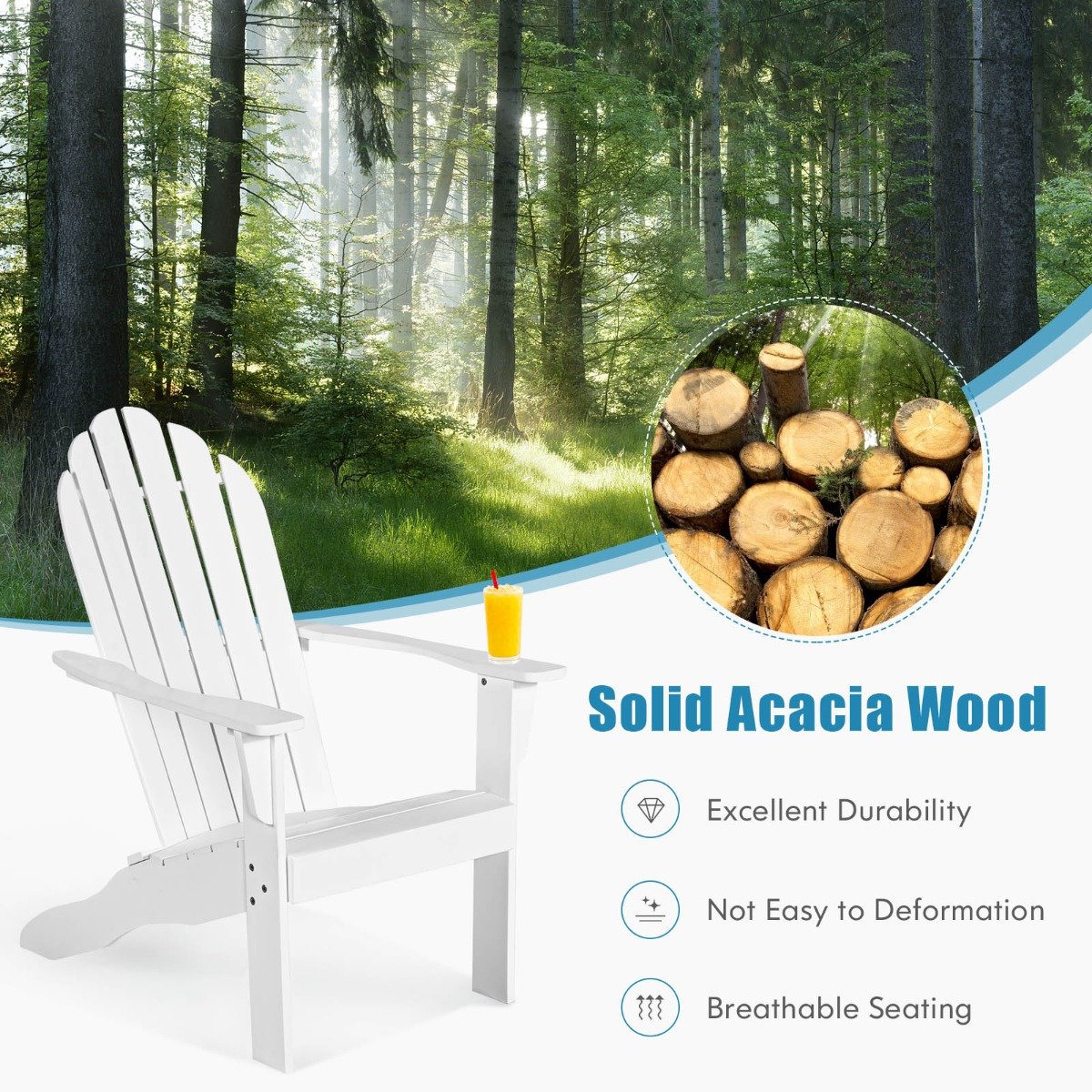 Acacia Wood Adirondack Lounger Chair with Slatted Seating, Ergonomic Design-White