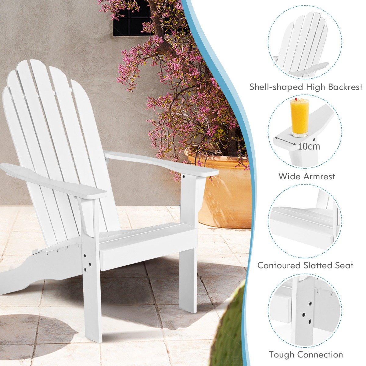 Acacia Wood Adirondack Lounger Chair with Slatted Seating, Ergonomic Design-White
