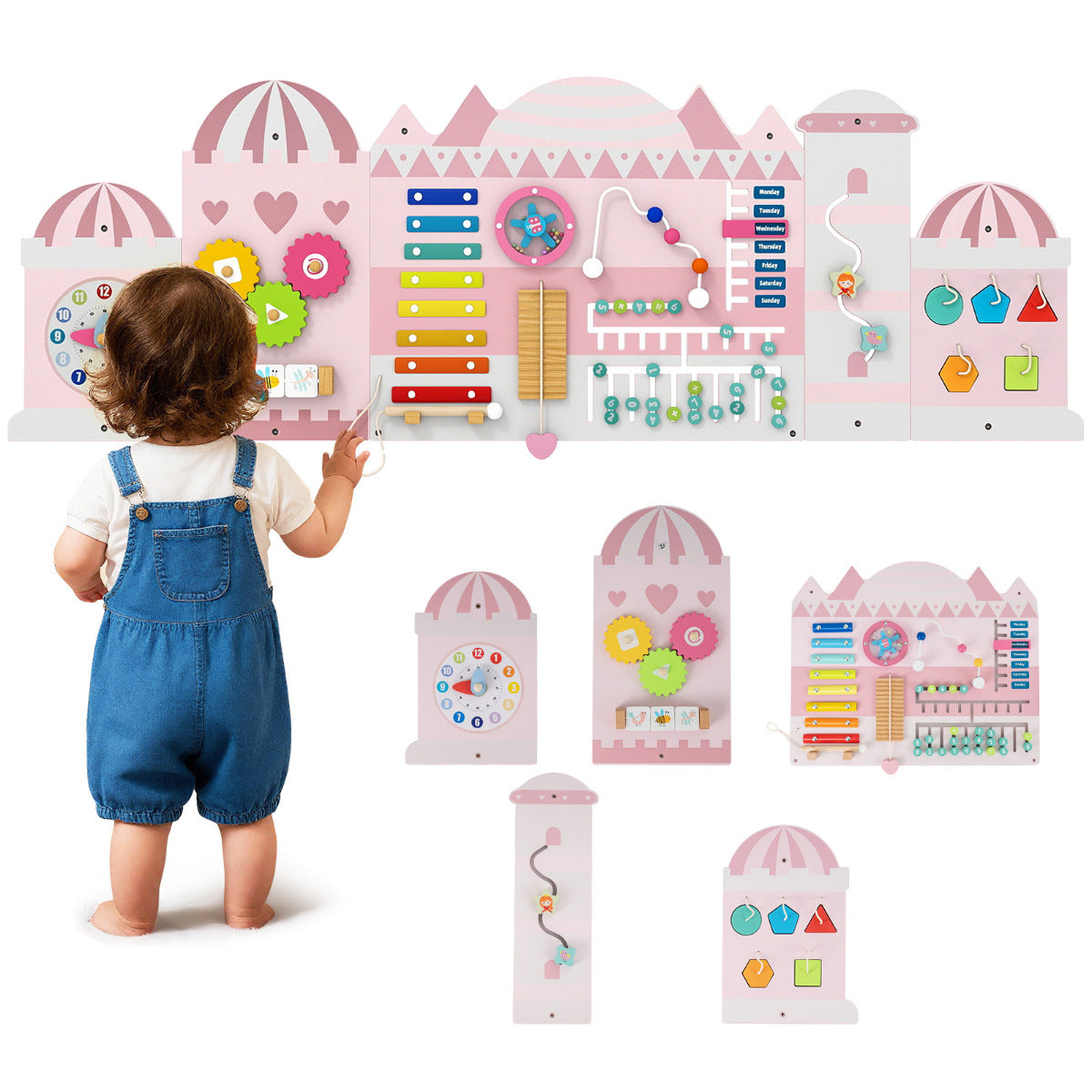 11-in-1 Activity Wall Busy Board Panels for Toddlers-Pink