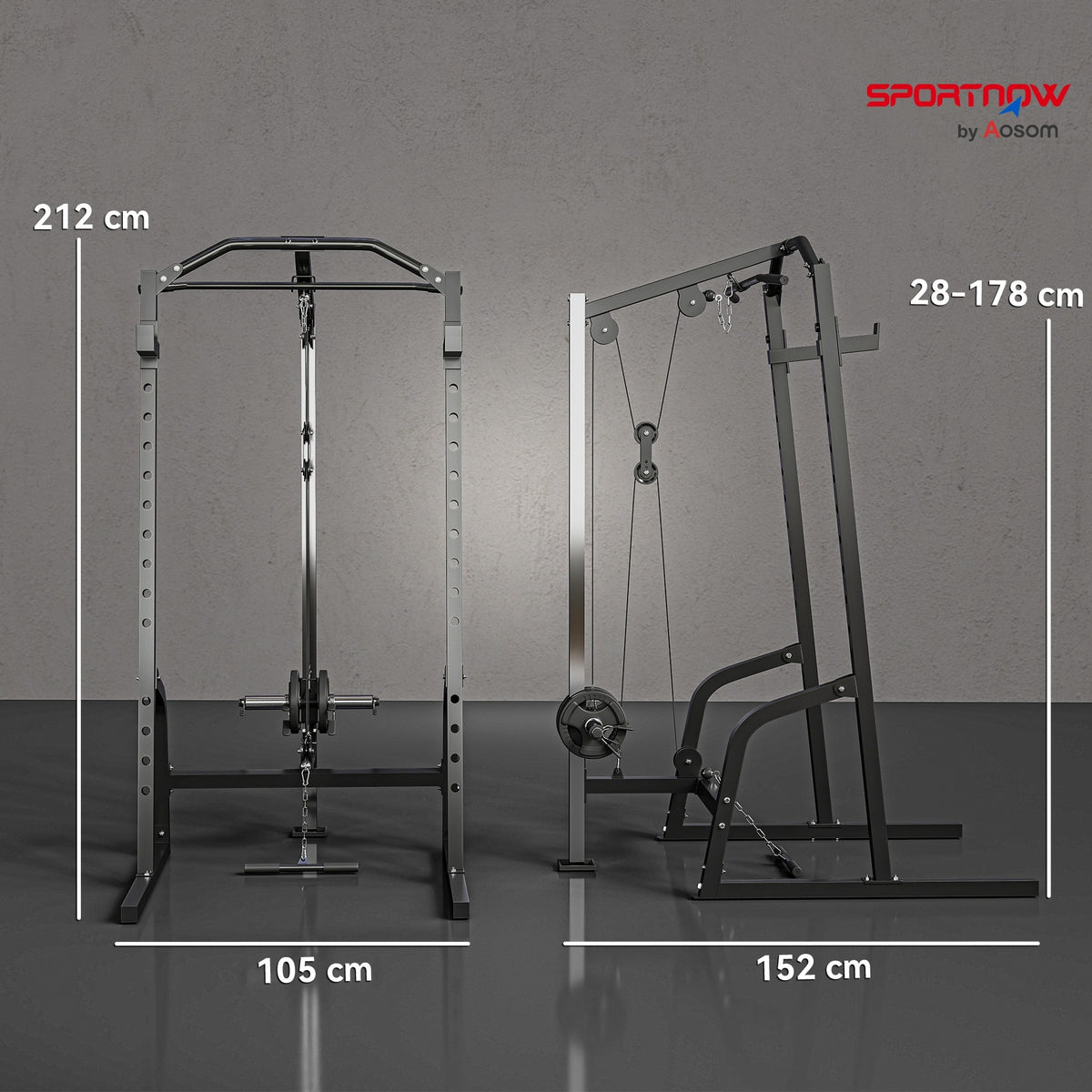 SPORTNOW Power Cage Power Rack with 15-Level Squat Rack, Cable Pulley System, Lat Pulldown & Pull Up Bar