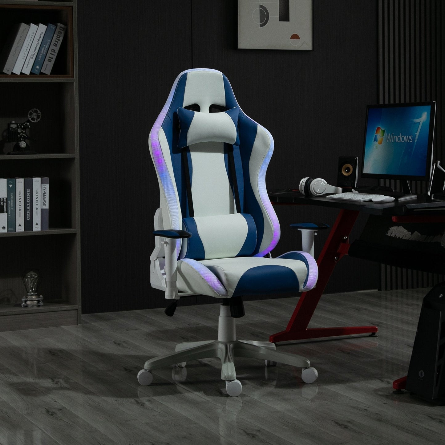 Vinsetto Video Game Chair with RGB LED Light, Bluetooth Speakers Music Racing Gaming Chair PU Leather 360° Swivel with Headrest Pillow, White