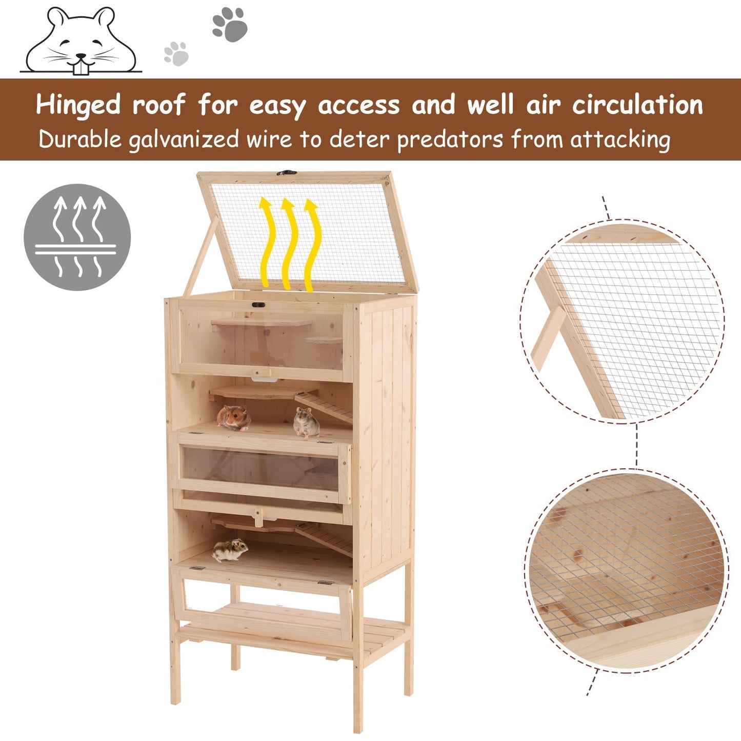 PawHut Hamster Cage Wooden Mouse Rodent Small Pet Animals 4 Layers Tall Bottom Storage Shelf Easy Clean