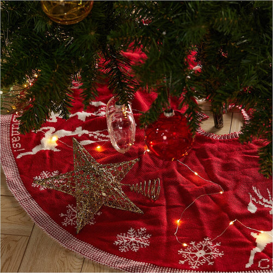 Rustic Red Knitted Double-Sided Christmas Tree Skirt with Snowflake and Reindeer Decor