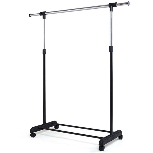 Adjustable Single Rail Garment Rack with Wheels and Bottom Shelf