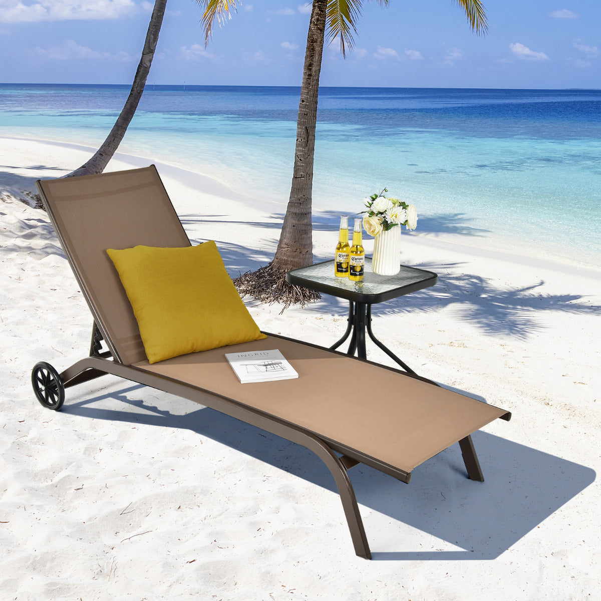 Adjustable Chaise Lounge with Smooth Wheels and Quick-drying Fabric-Coffee